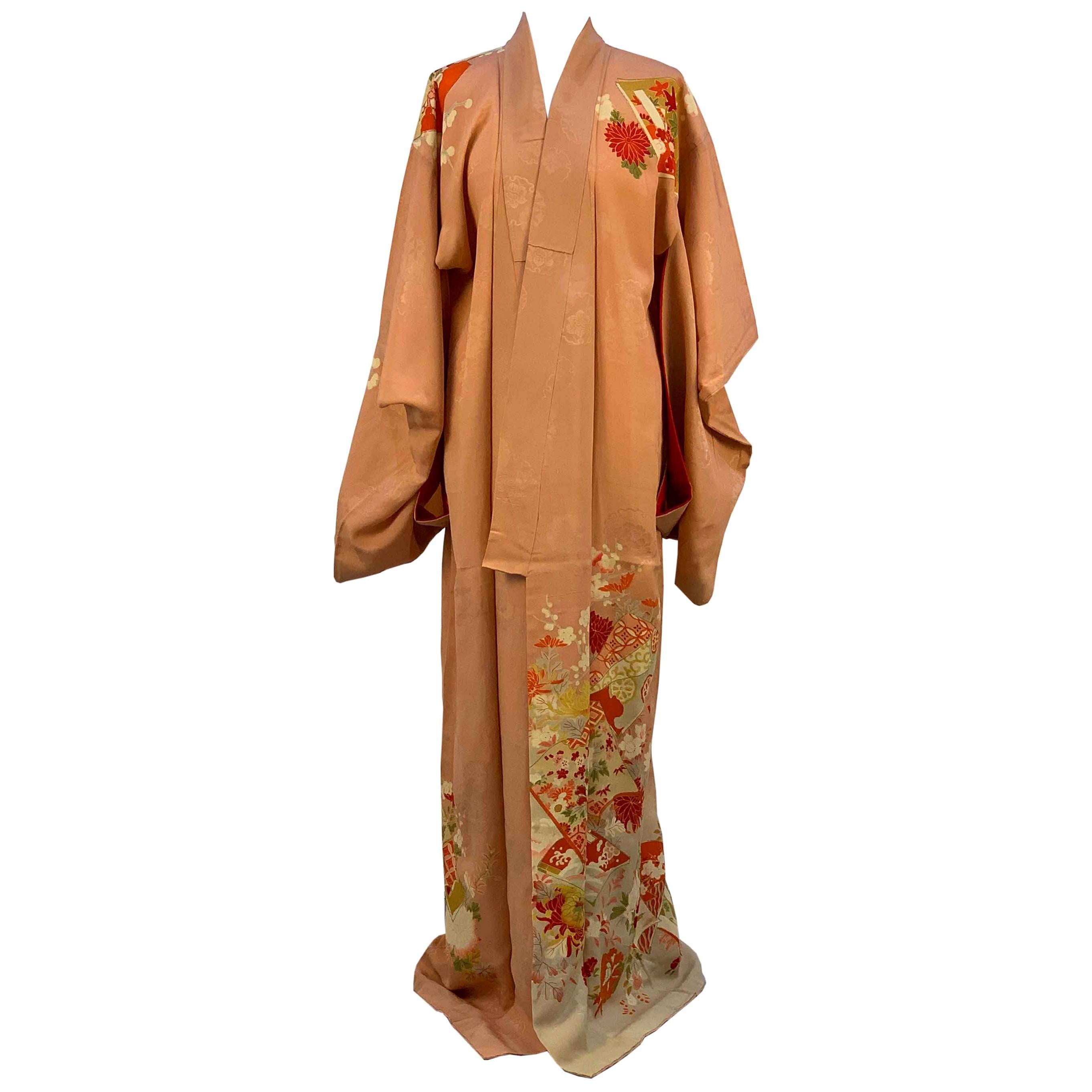 Vintage Peach Kimono with Floral Design