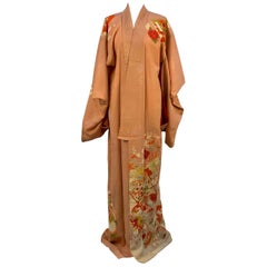 Retro Peach Kimono with Floral Design