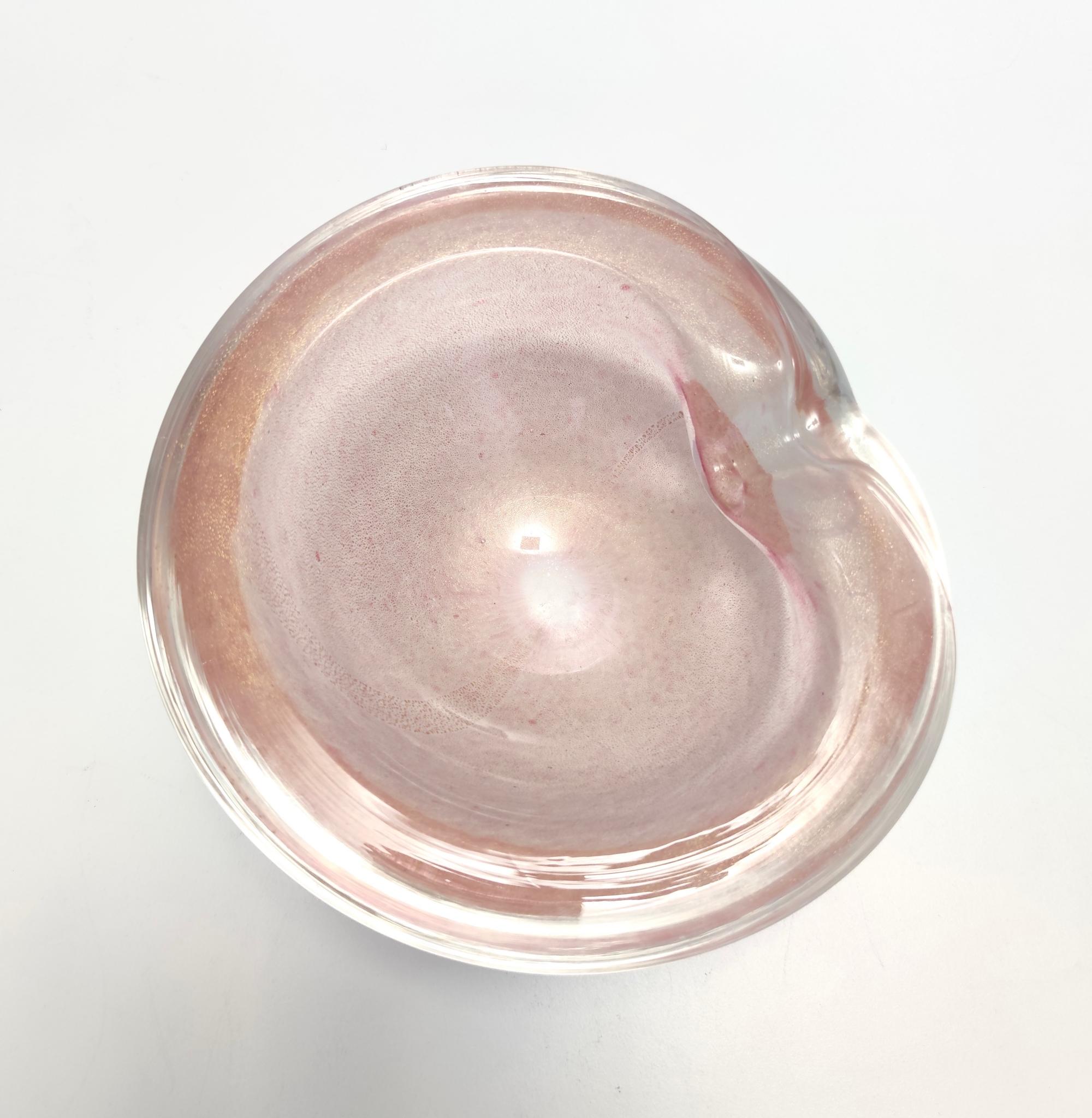 Italian Vintage Peach Pink Thick Murano Glass Ashtray, Catchall with Gold Leaf, Italy  For Sale