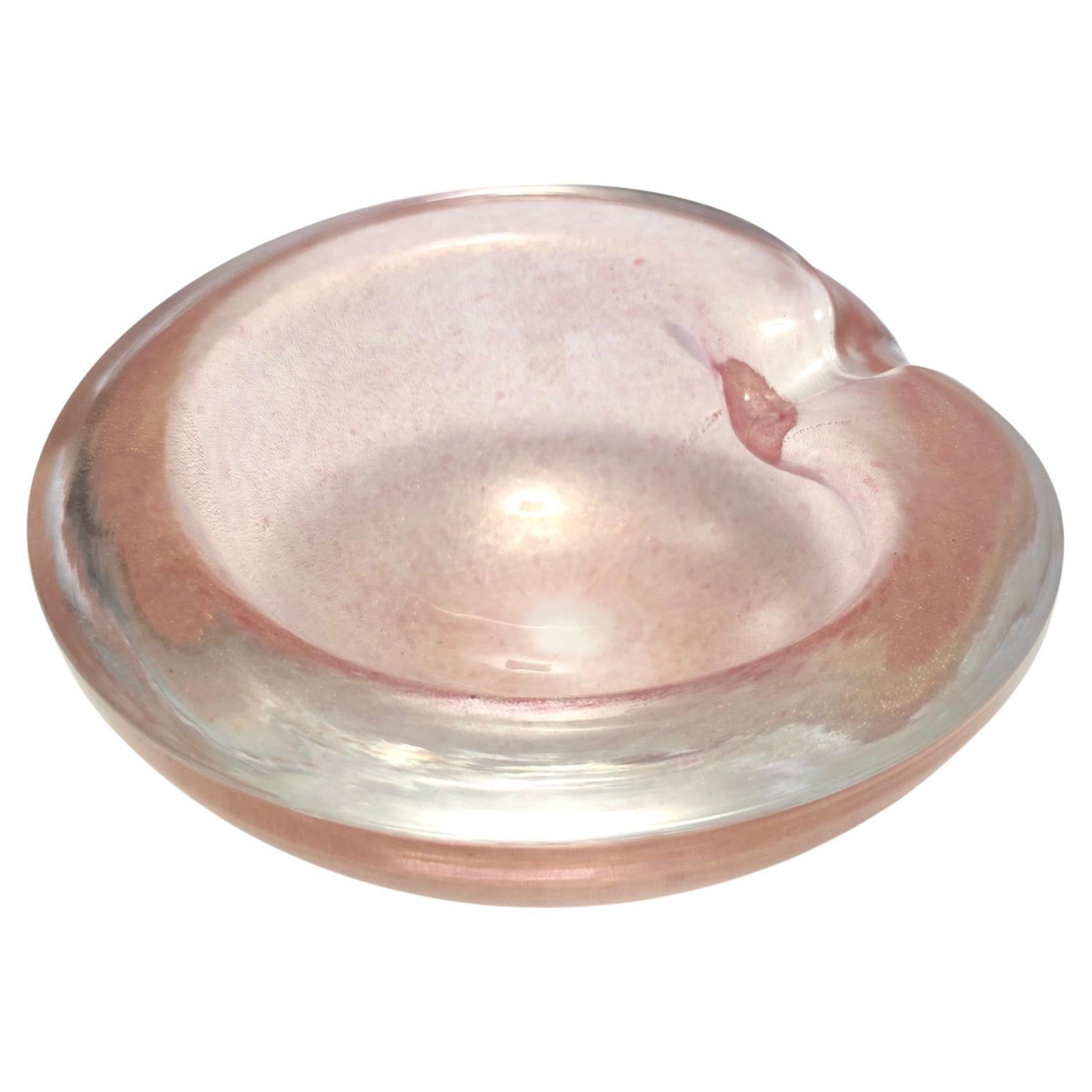 Vintage Peach Pink Thick Murano Glass Ashtray - Catchall with Gold Leaf, Italy