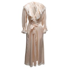Vintage Pfirsich & Weiß Christian Dior Loungewear Satin Robe mit Spitzenbesatz Suze US