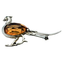 Broche paon vintage par REJA  Argent sterling, grande pierre en strass, 1940, États-Unis