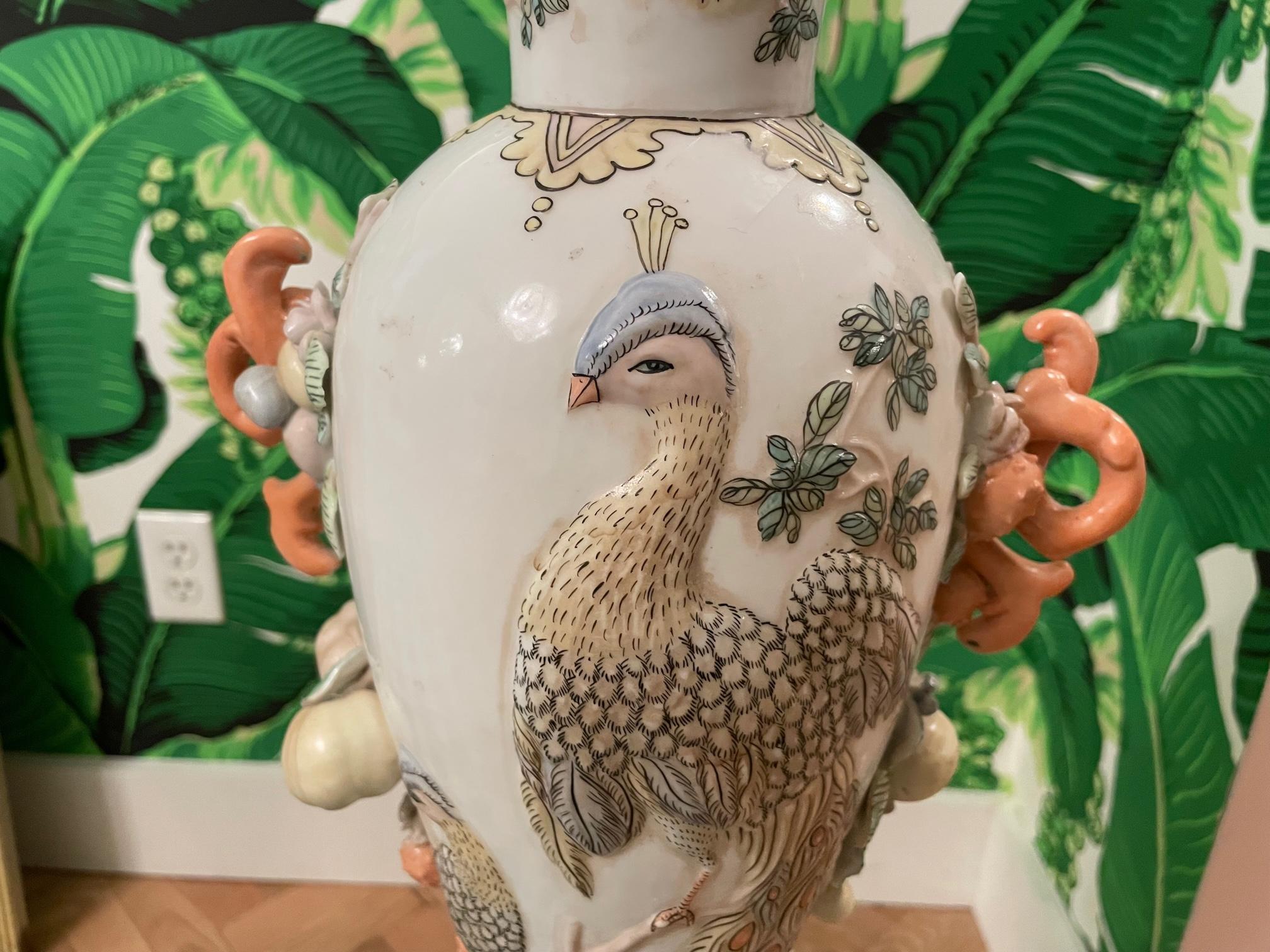 Hollywood Regency Vintage Peacock Ceramic Table Lamp by Maitland Smith