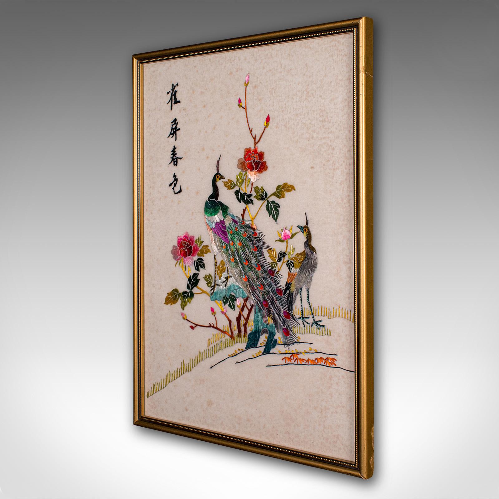 Vintage Peacock Display Panel, Korean, Framed, Silk Cotton, Embroidery, Art Deco In Good Condition For Sale In Hele, Devon, GB