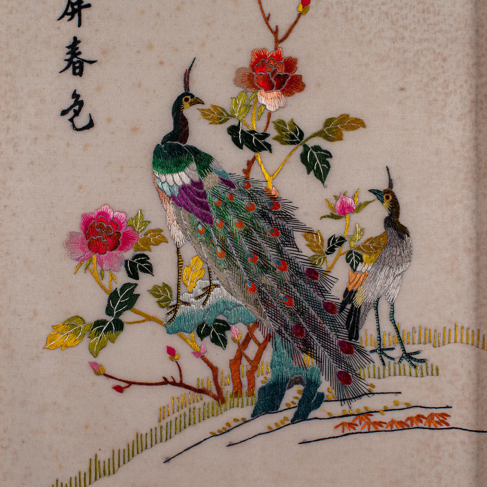 20th Century Vintage Peacock Display Panel, Korean, Framed, Silk Cotton, Embroidery, Art Deco For Sale