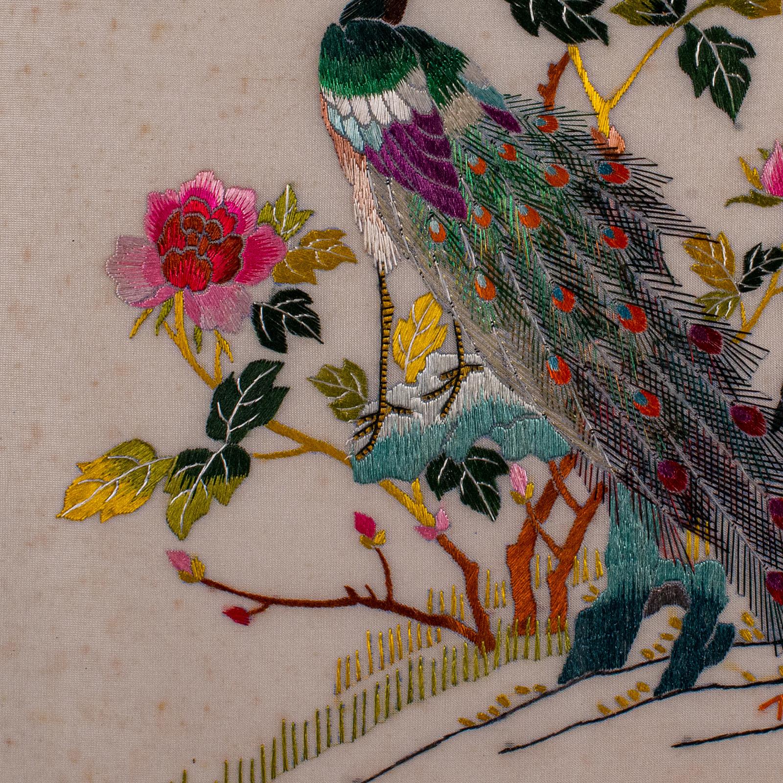 Vintage Peacock Display Panel, Korean, Framed, Silk Cotton, Embroidery, Art Deco For Sale 2