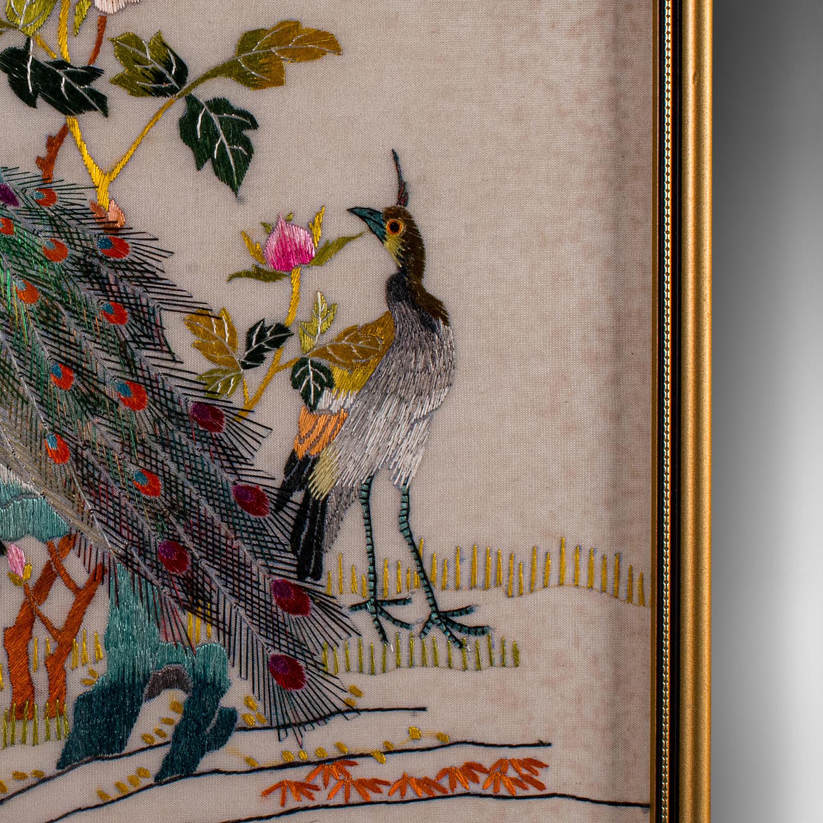 Vintage Peacock Display Panel, Korean, Framed, Silk Cotton, Embroidery, Art Deco For Sale 3