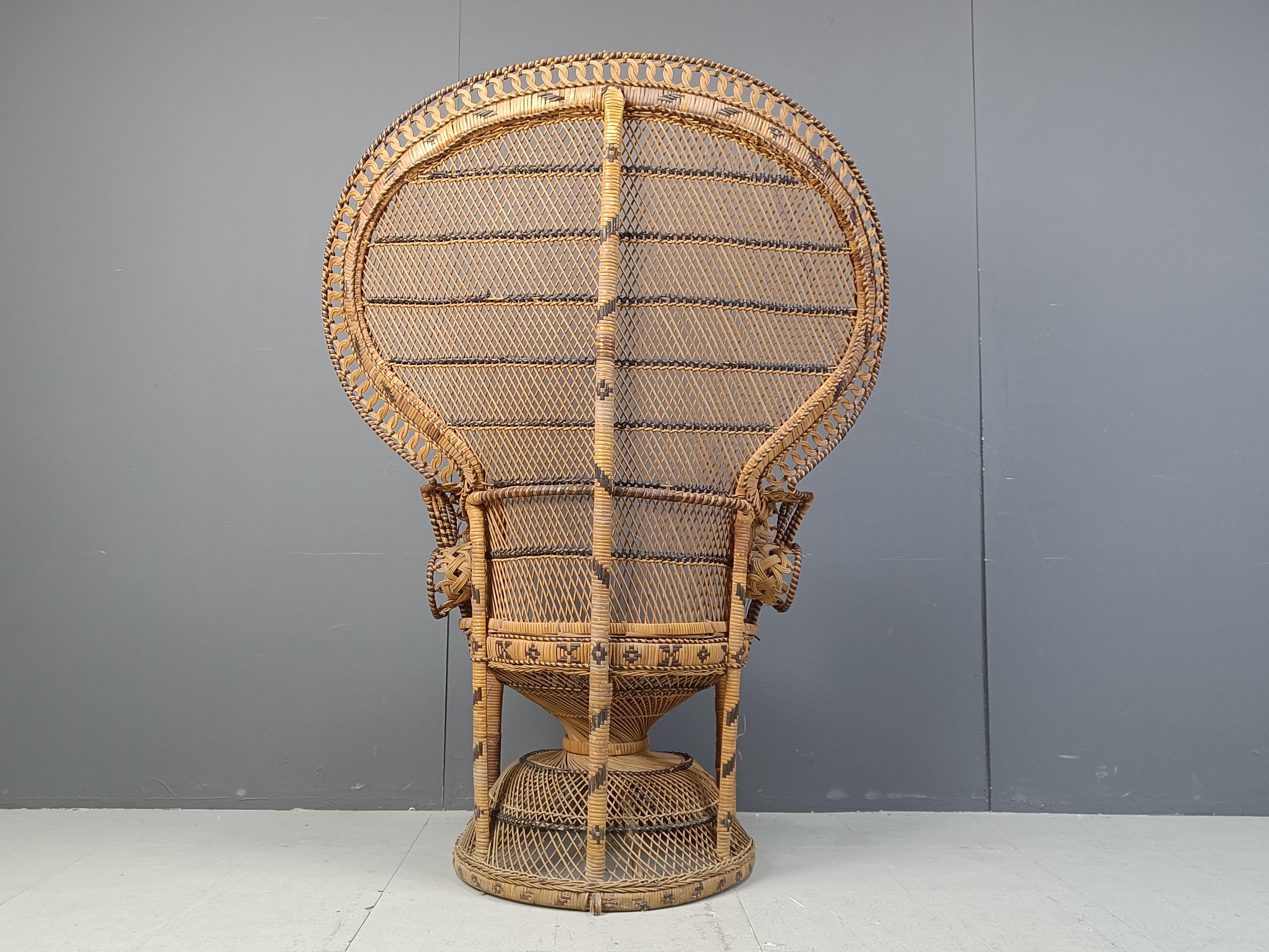 Wicker Vintage peacock emanuelle chair with foot stool, 1970s