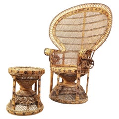 Silla emanuelle de pavo real vintage con taburete para los pies, años 70