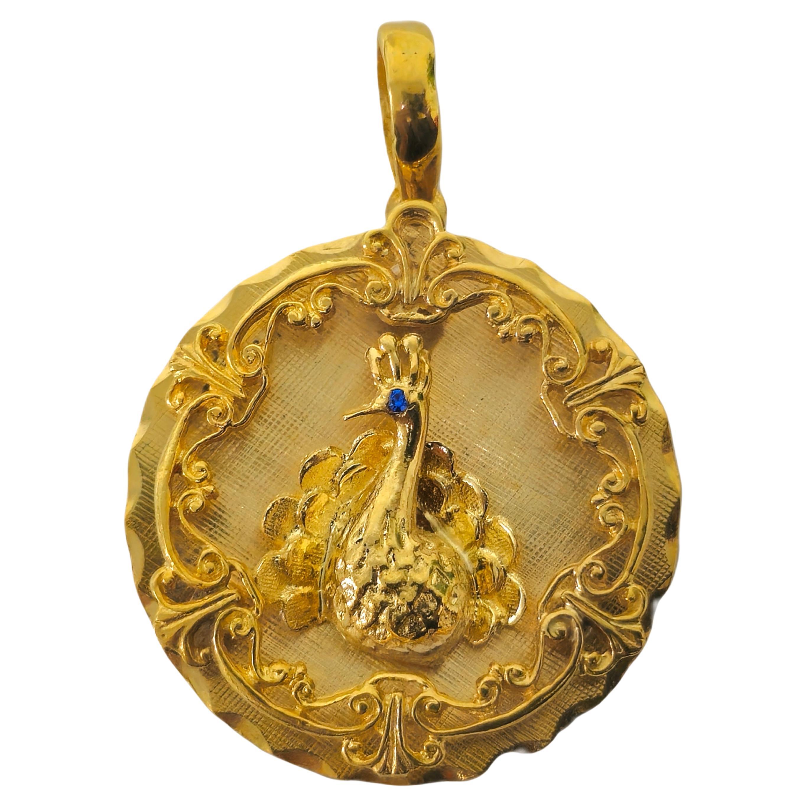 Vintage Peacock Motif Pendant with Blue Sapphire in 14k Gold  For Sale