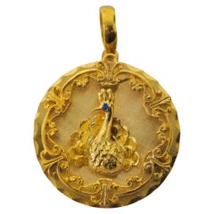 Vintage Peacock Motif Pendant with Blue Sapphire in 14k Gold