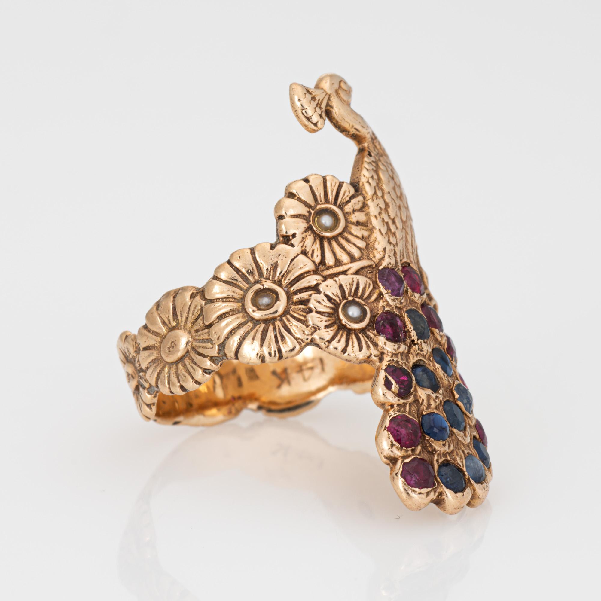 Modern Vintage Peacock Ring 14k Yellow Gold Ruby Sapphire Pearl Sz 5.25 Fine Jewelry 