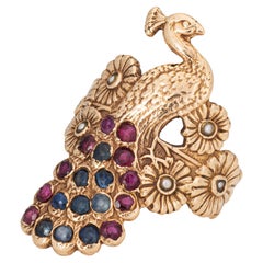 Retro Peacock Ring 14k Yellow Gold Ruby Sapphire Pearl Sz 5.25 Fine Jewelry 