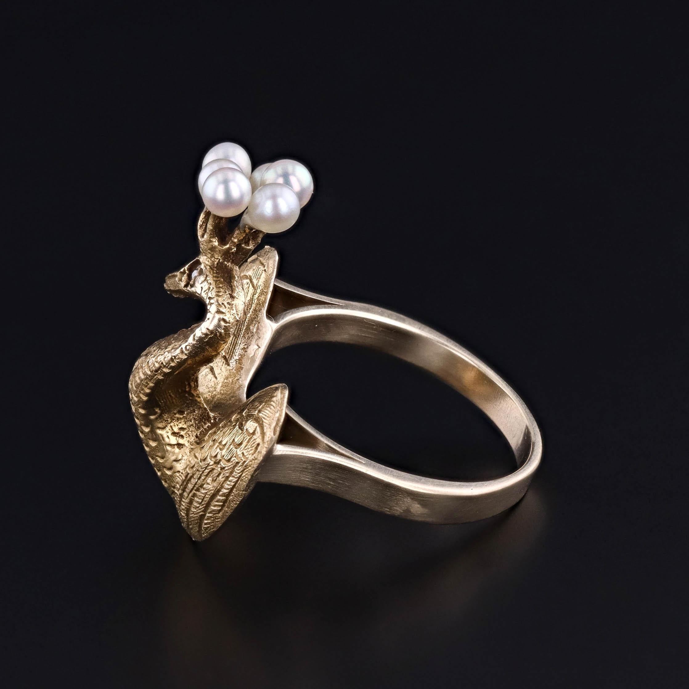 Vintage Pfau Ring von 14k Gold (Perle) im Angebot
