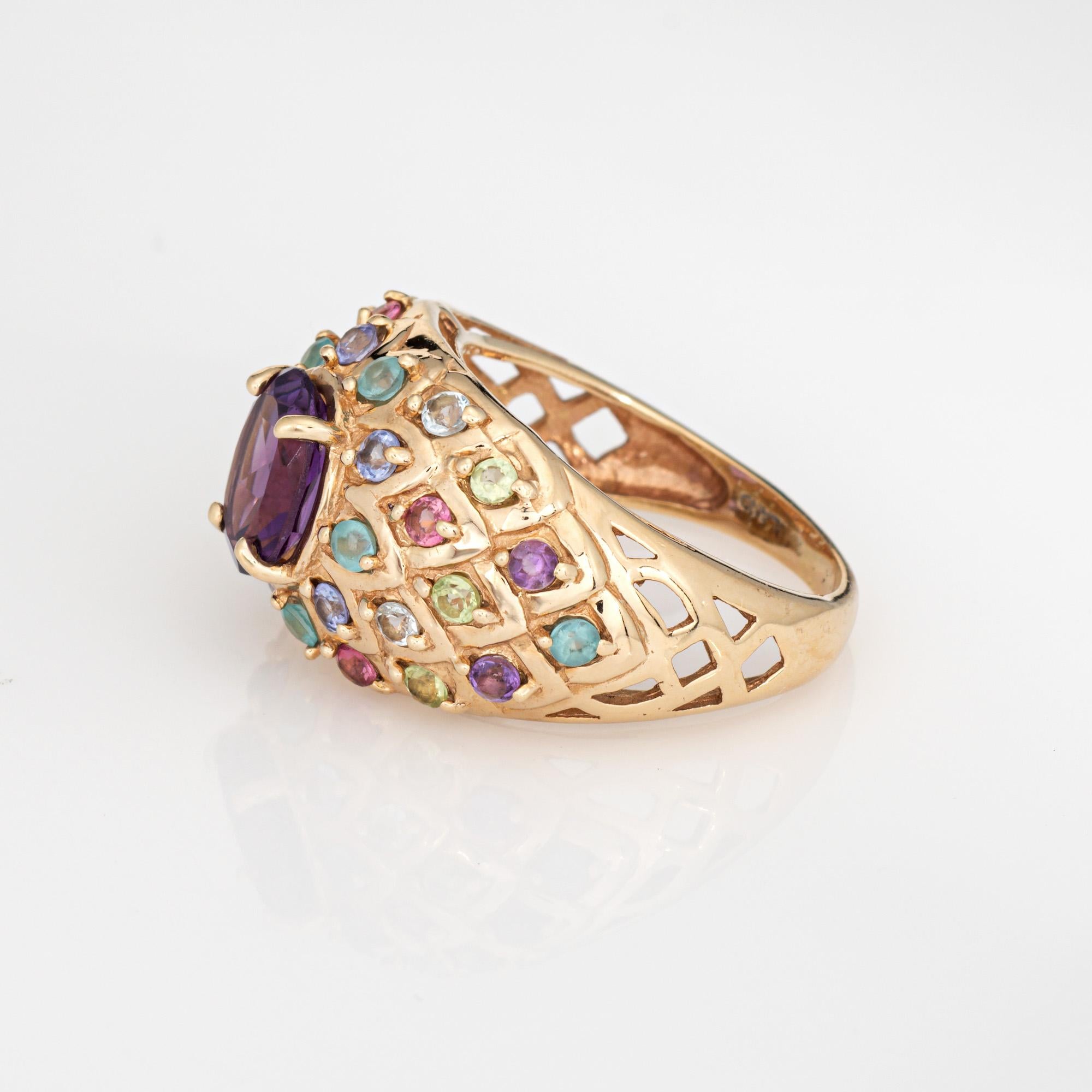 Anillo de pavo real de la vendimia Sz 7.5 Banda de piedras preciosas del arco iris 14k Joyería de oro amarillo Corte oval en venta