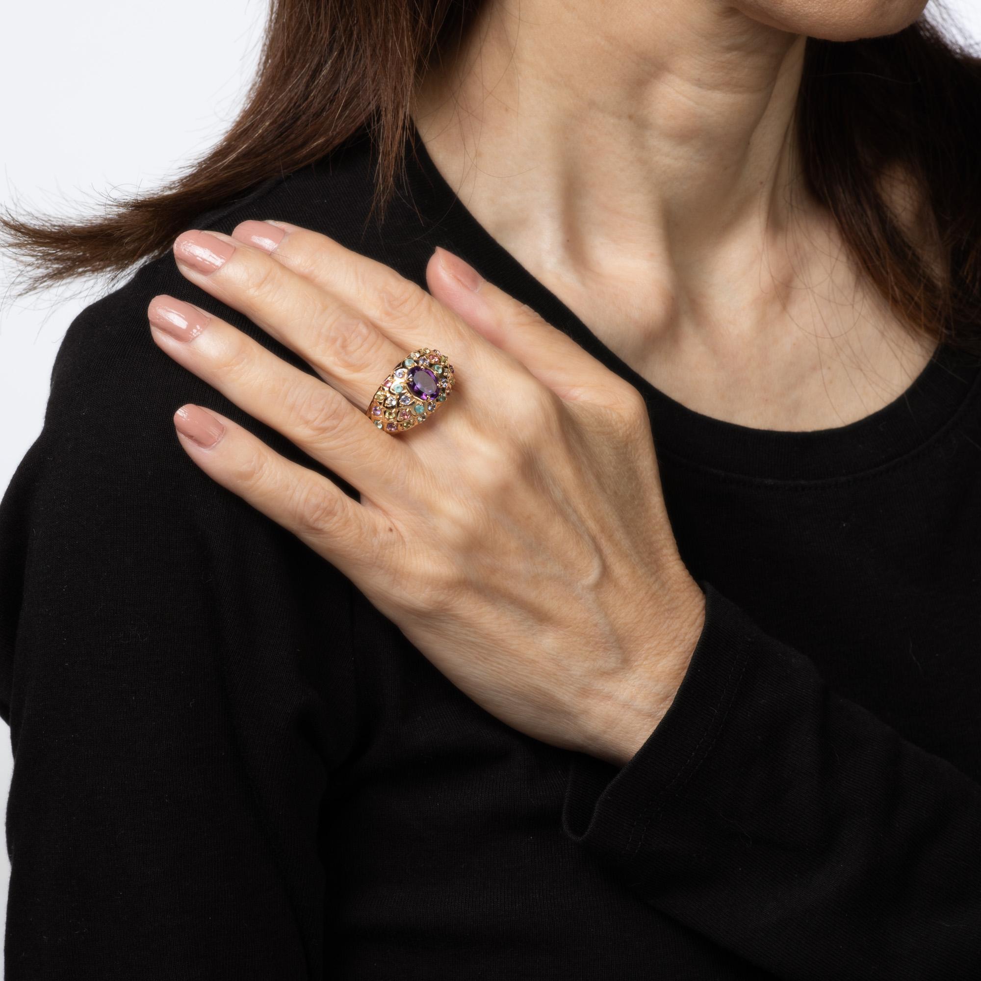 De las mujeres Anillo de pavo real de la vendimia Sz 7.5 Banda de piedras preciosas del arco iris 14k Joyería de oro amarillo en venta