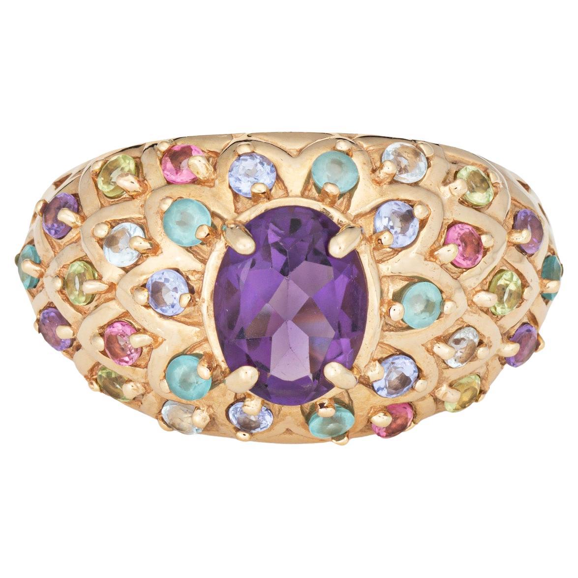 Anillo de pavo real de la vendimia Sz 7.5 Banda de piedras preciosas del arco iris 14k Joyería de oro amarillo