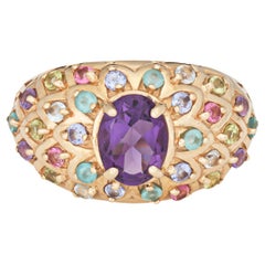 Anello Vintage Peacock Sz 7.5 Band Rainbow Gemstones Gioielli in oro giallo 14k