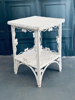 Vintage Peacock Style White Painted Wicker Side Table