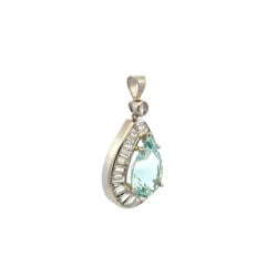 Vintage Pear Aquamarine and Baguette and RBC Diamond Platinum Pendant