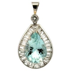 Vintage Pear Aquamarine and Baguette and RBC Diamond Platinum Pendant