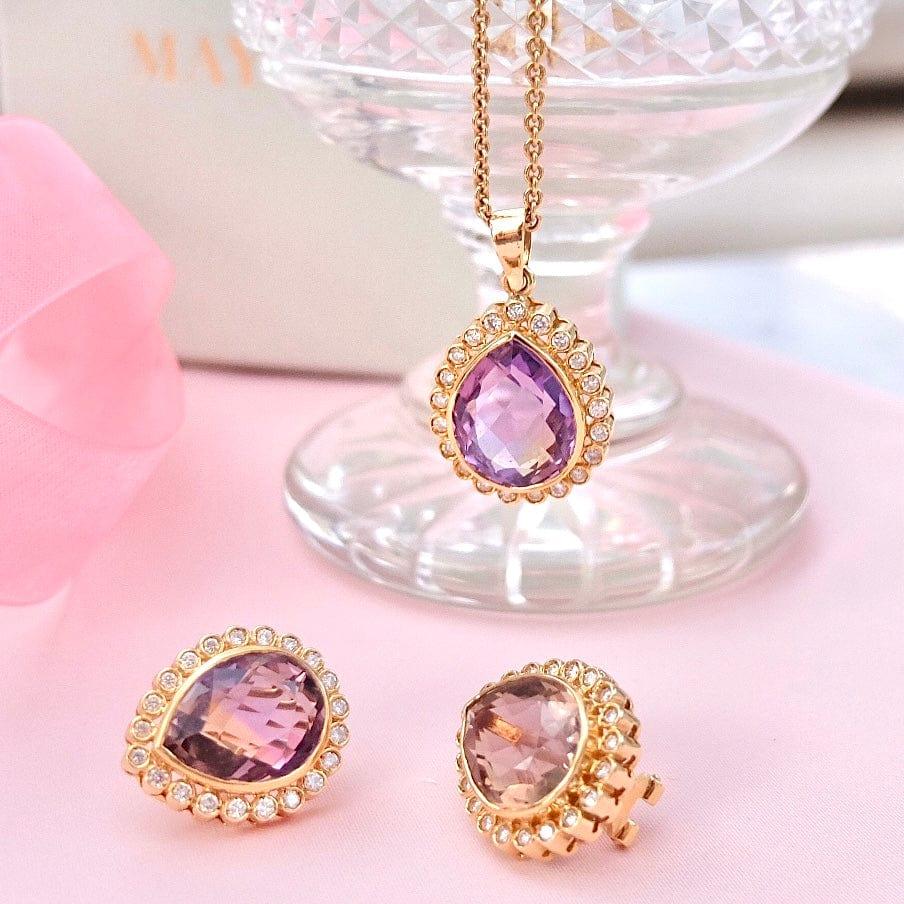 Ametrine is found in Bolivia, it is a bi-colour quartz of both Amethyst and Citrine. Legend has it Amethyst will keep the wearer clear-headed and quick witted in battle and in business affairs. Citrine gemstones are transparent, the name comes from
