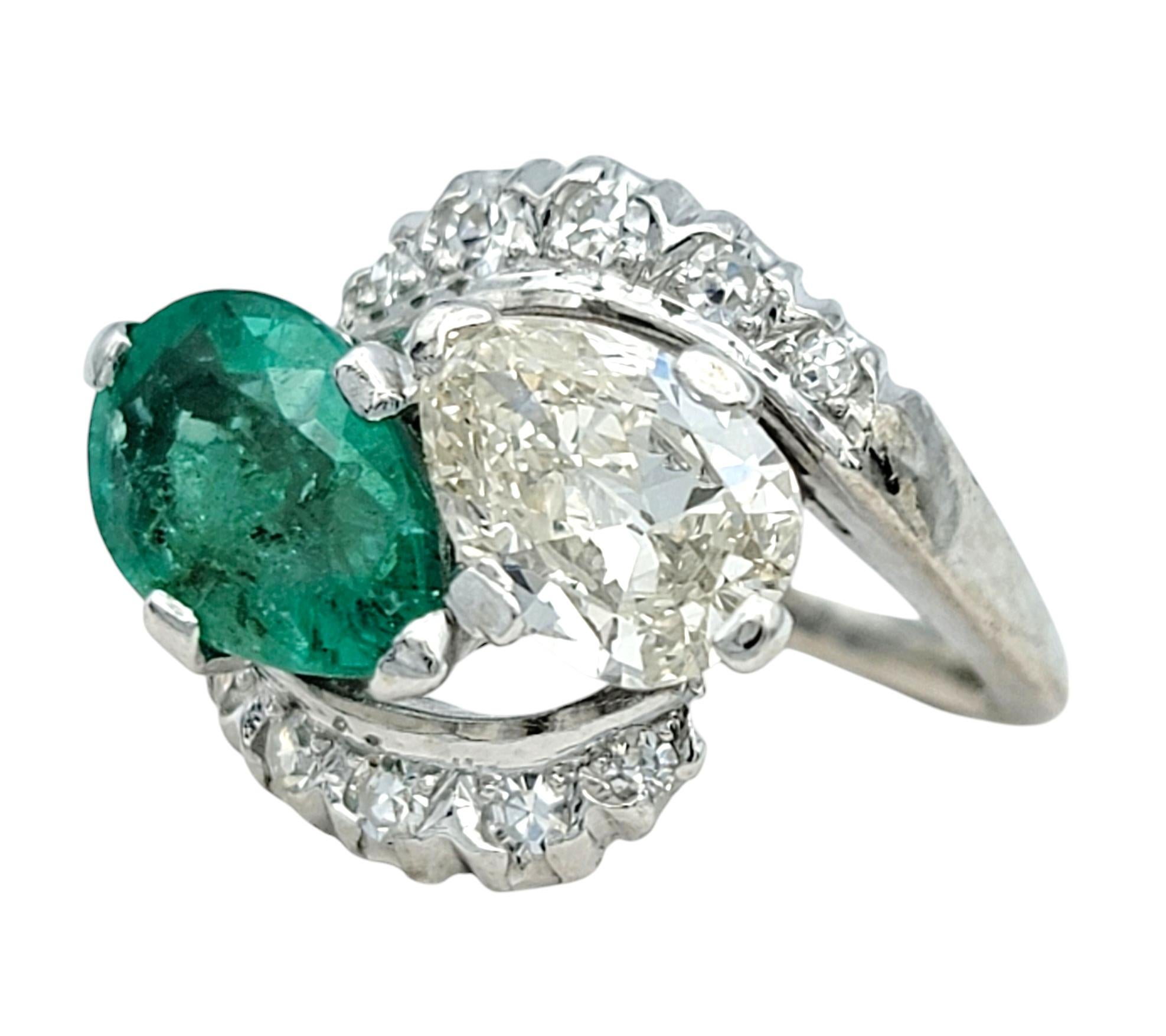 Art Deco Vintage Pear Cut Colombian Emerald and Diamond Cocktail Ring in Platinum
