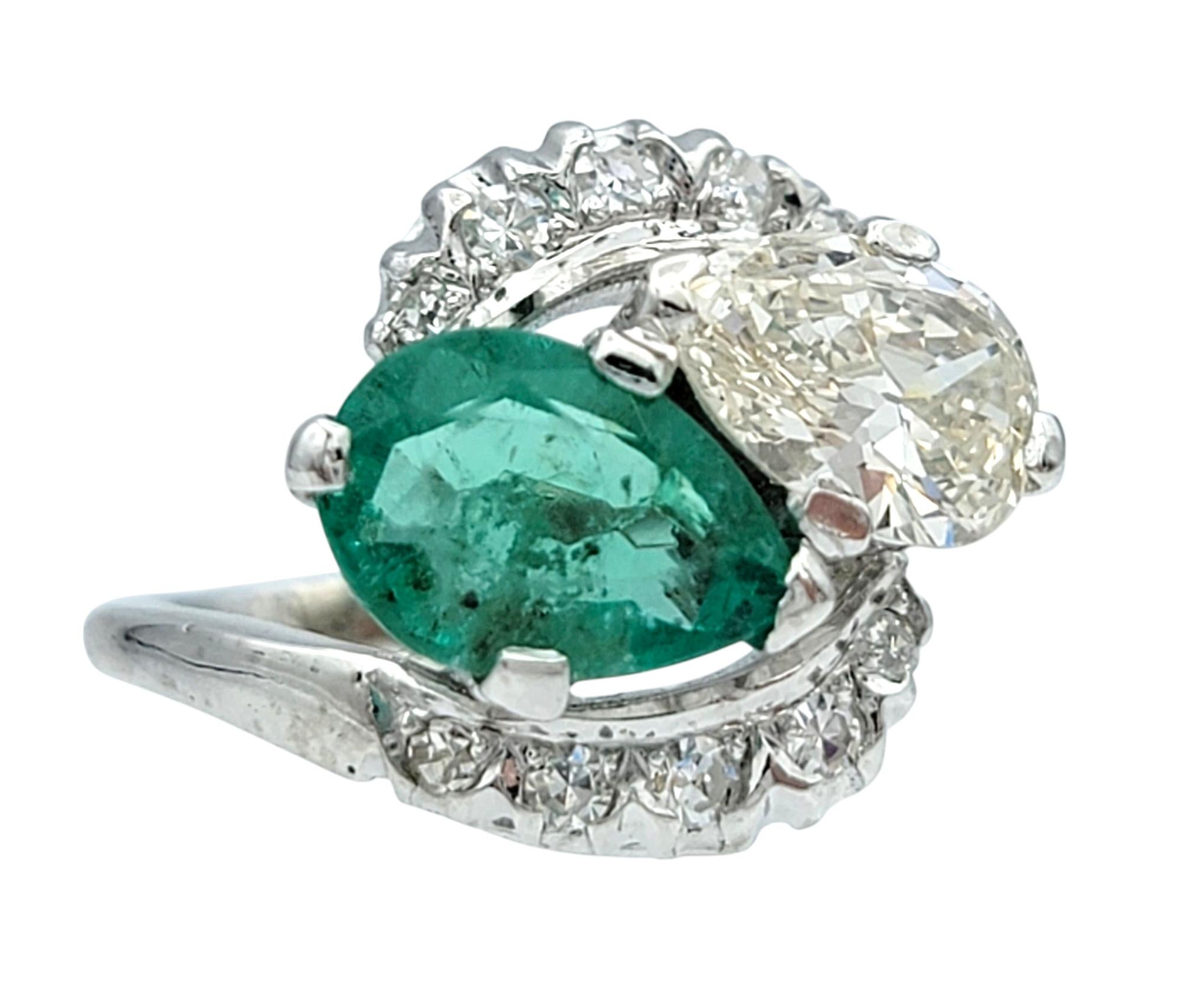 Vintage Pear Cut Colombian Emerald and Diamond Cocktail Ring in Platinum In Good Condition In Scottsdale, AZ