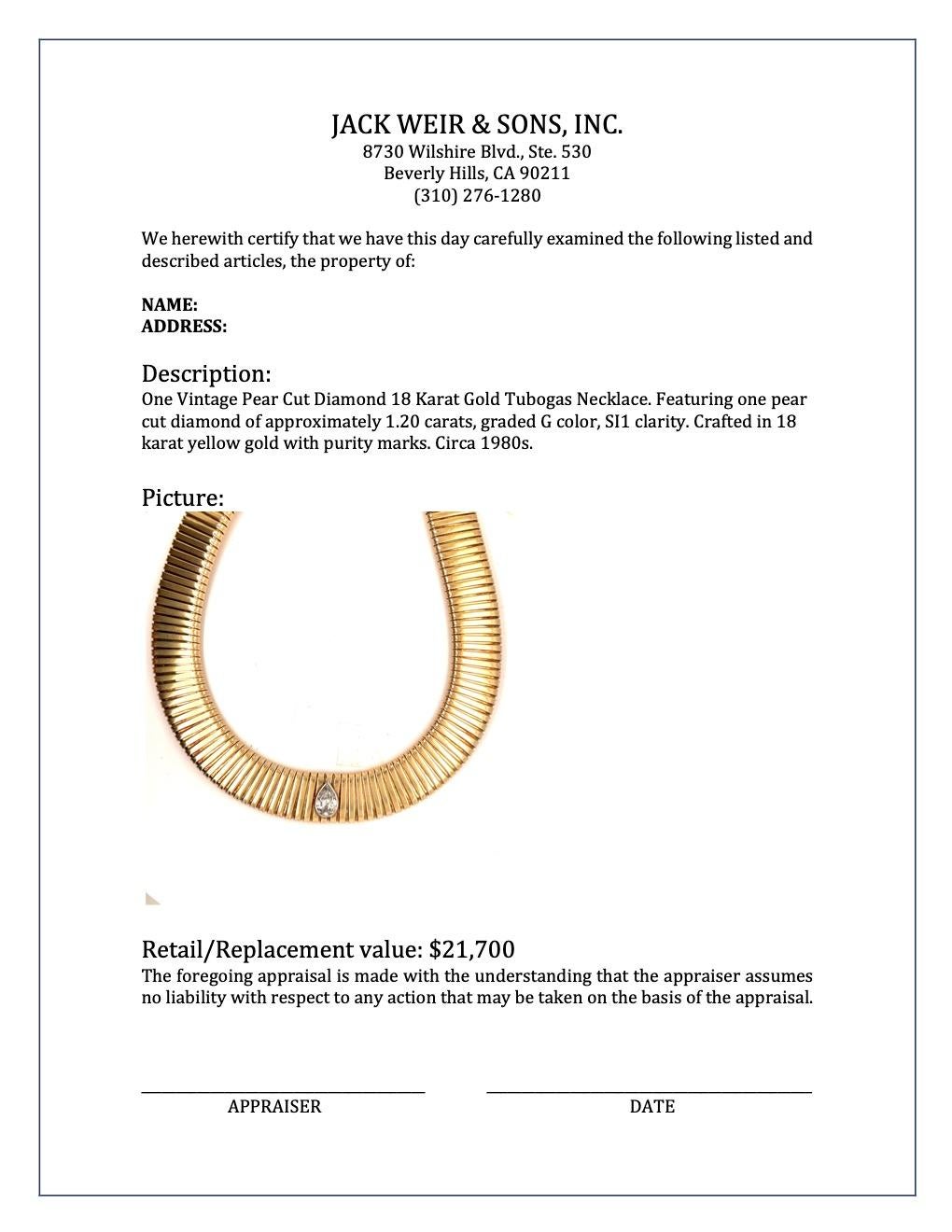 Vintage Pear Cut Diamond 18 Karat Gold Tubogas Necklace 1