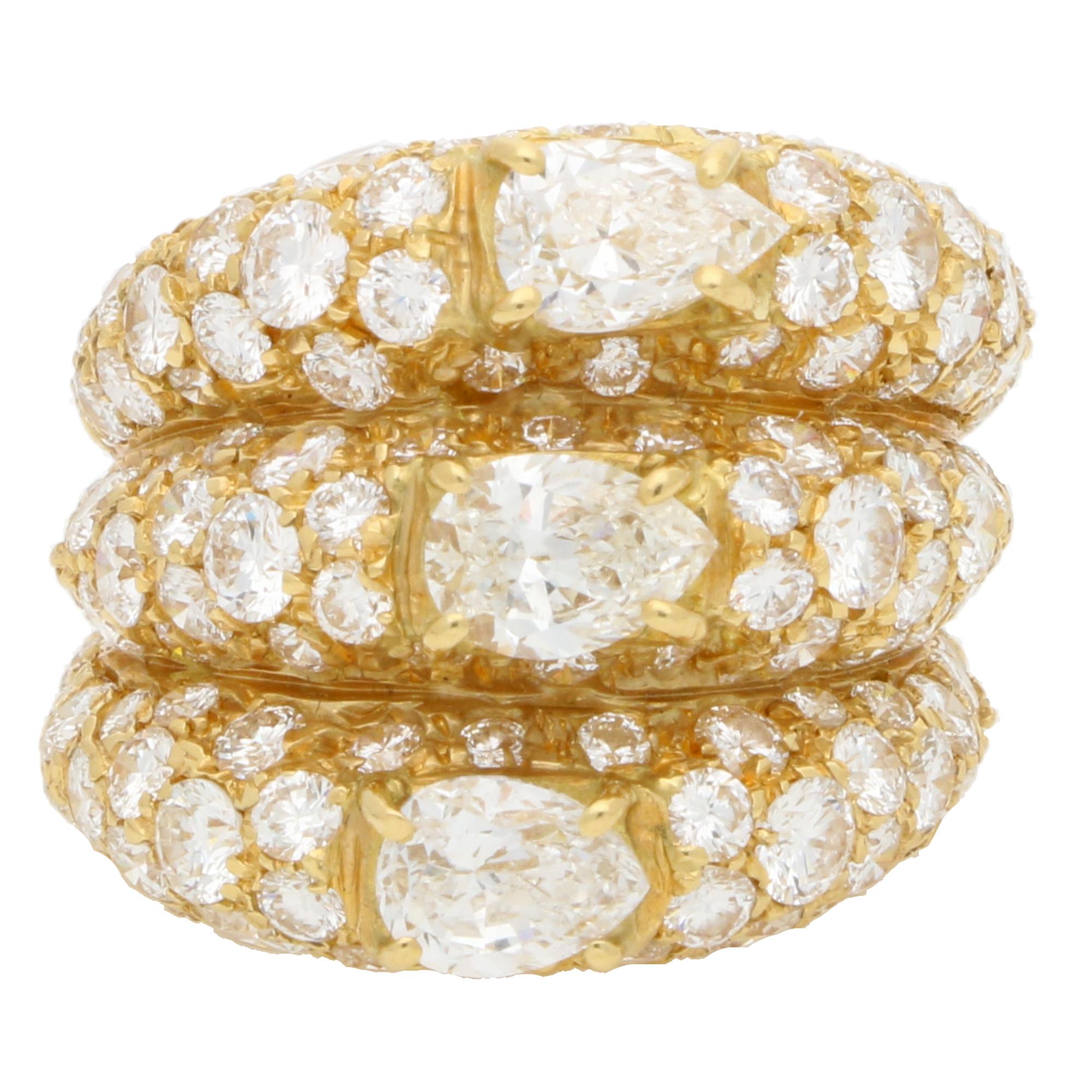Retro Vintage Pear Cut Diamond Stacked Cocktail Ring in 18k Yellow Gold For Sale