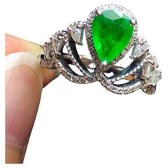 Vintage Pear Cut Emerald Engagement Ring, Antique Emerald Wedding Ring for her