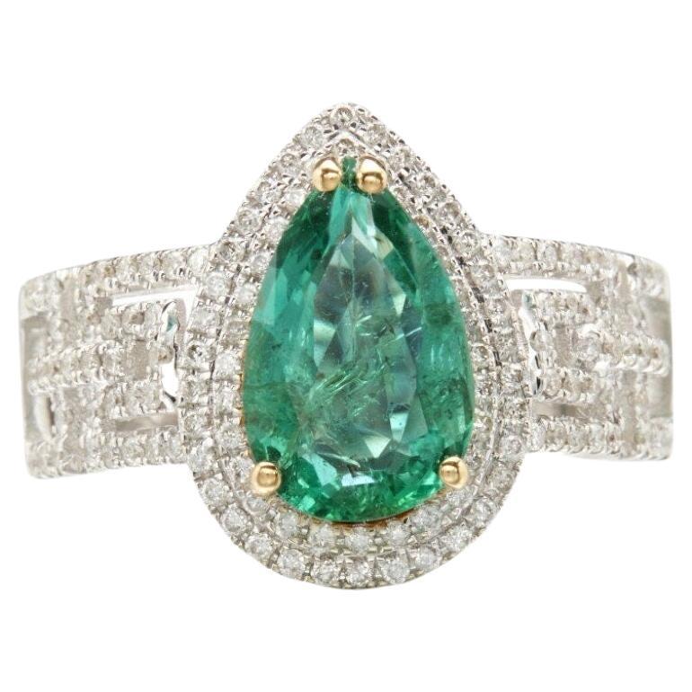 For Sale:  Vintage Pear Cut Emerald Gold Ring, Halo Natural Emerald Engagement Ring
