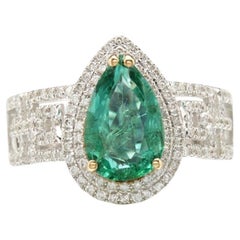 Vintage Pear Cut Emerald Gold Ring, Halo Natural Emerald Engagement Ring