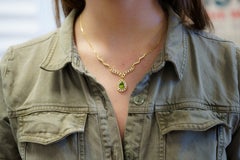 Vintage Pear Cut Green Peridot Drop Pendant Necklace with Diamonds in 18K Gold