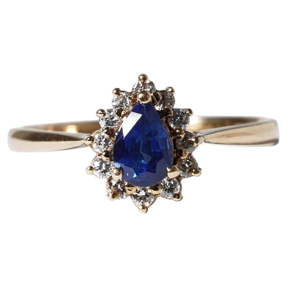 Vintage Pear Cut Natural Blue Sapphire & Diamond Halo 18ct Gold Ring M.5 / 6.5