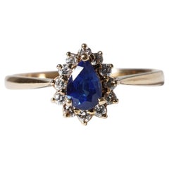 Vintage Pear Cut Natural Blue Sapphire & Diamond Halo 18ct Gold Ring M.5 / 6.5