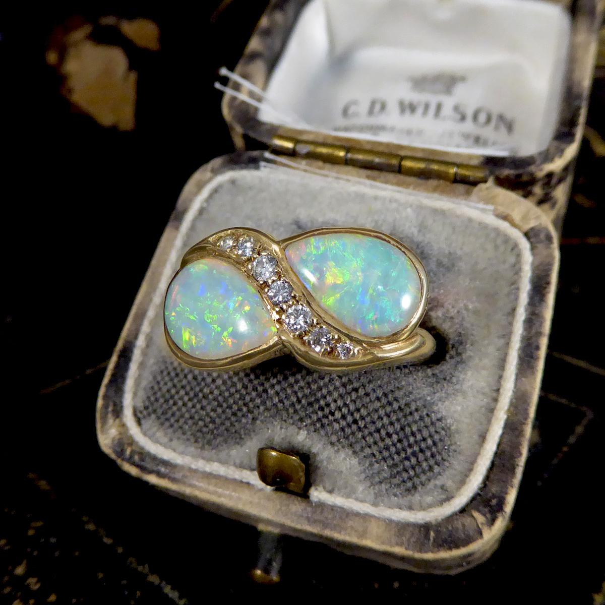 Vintage Pear Cut Opal and Diamond Toi Et Moi Style Ring in Yellow Gold 3