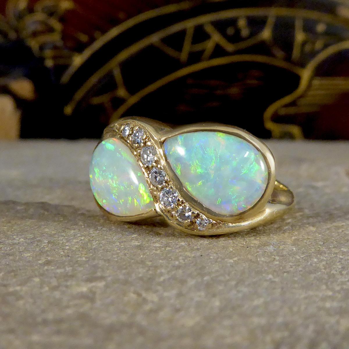 Retro Vintage Pear Cut Opal and Diamond Toi Et Moi Style Ring in Yellow Gold