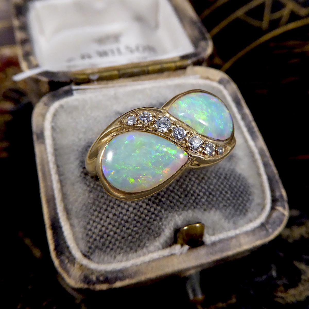 Women's Vintage Pear Cut Opal and Diamond Toi Et Moi Style Ring in Yellow Gold
