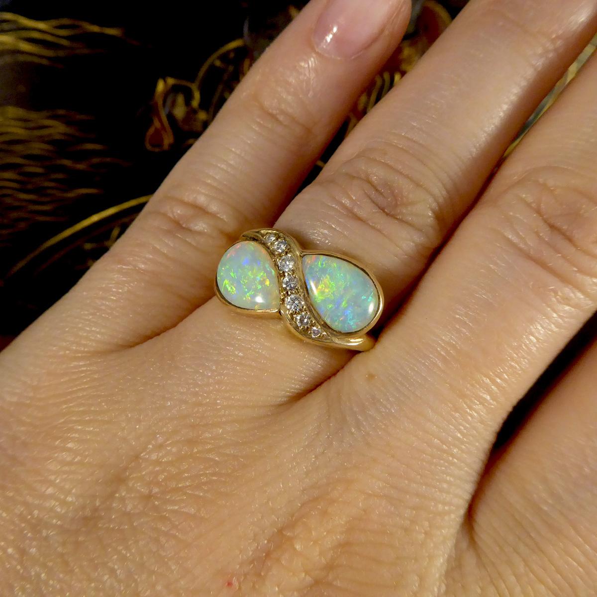 Vintage Pear Cut Opal and Diamond Toi Et Moi Style Ring in Yellow Gold 1