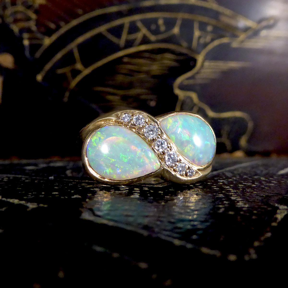 Vintage Pear Cut Opal and Diamond Toi Et Moi Style Ring in Yellow Gold 2