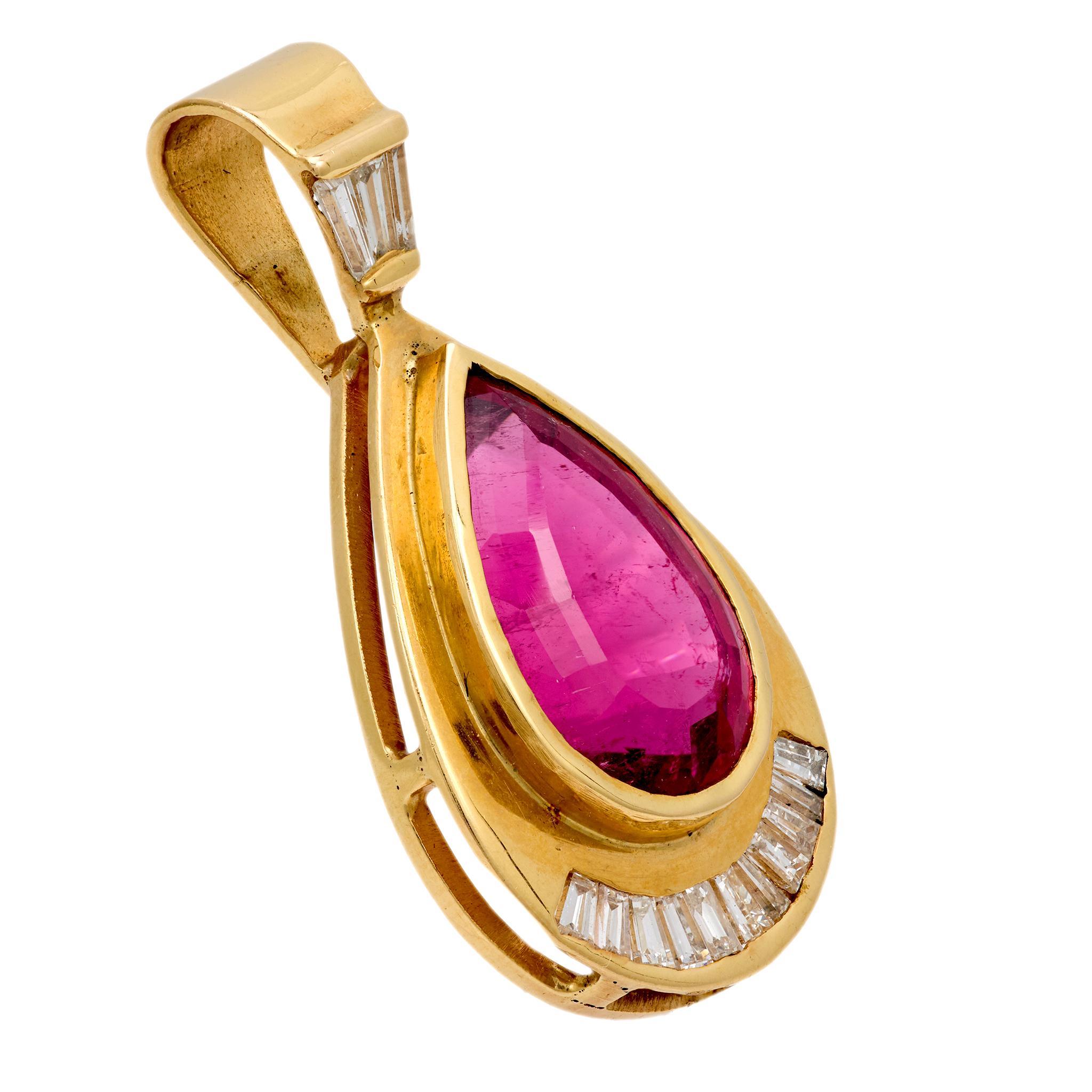Modern Vintage pear cut pink tourmaline diamond 14k yellow gold pendant For Sale