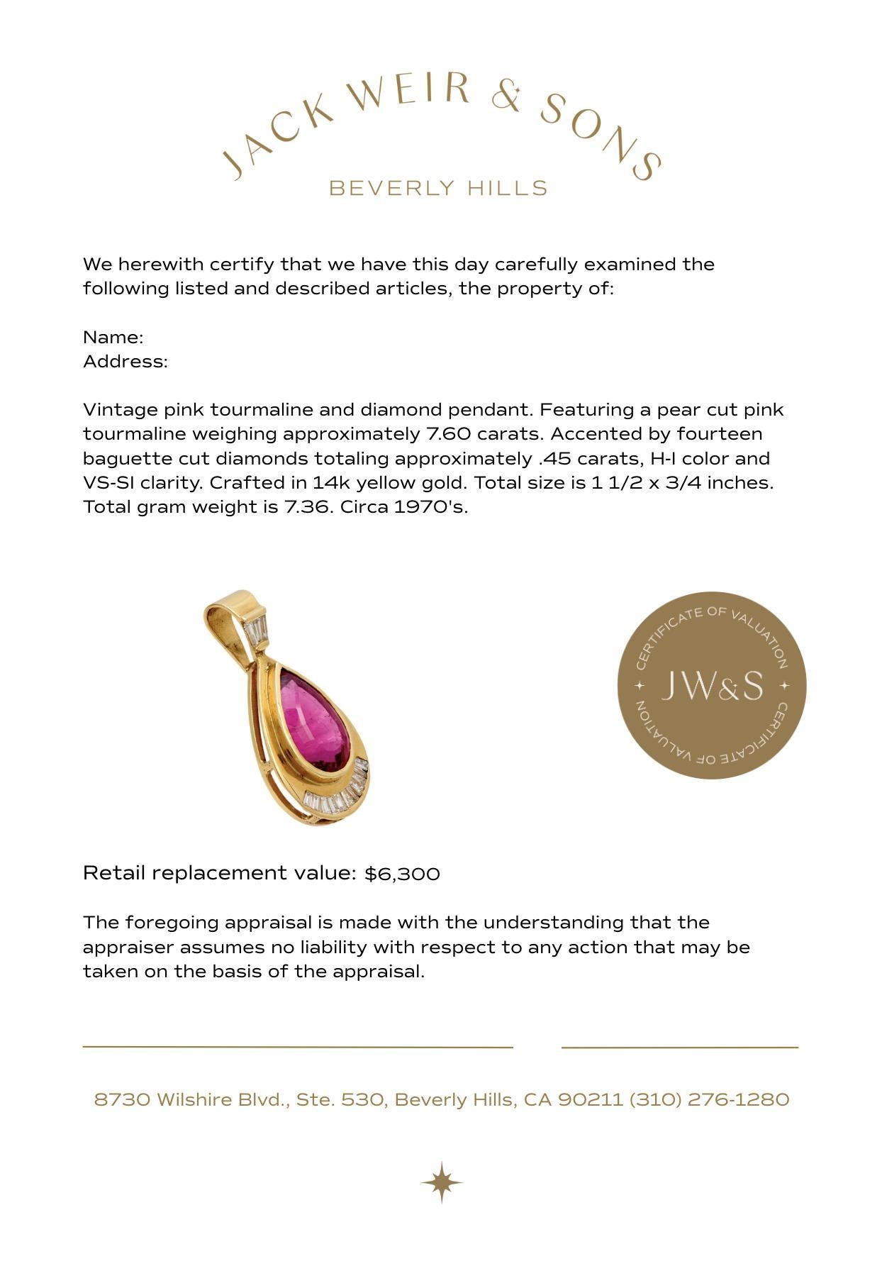 Women's Vintage pear cut pink tourmaline diamond 14k yellow gold pendant For Sale