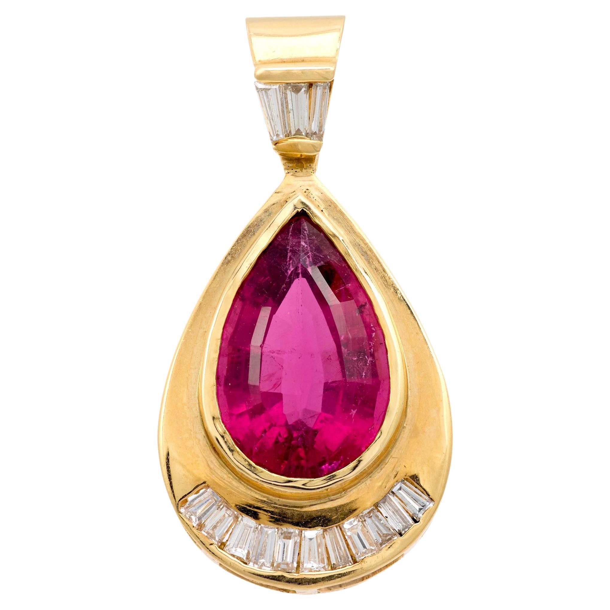 Vintage pear cut pink tourmaline diamond 14k yellow gold pendant For Sale