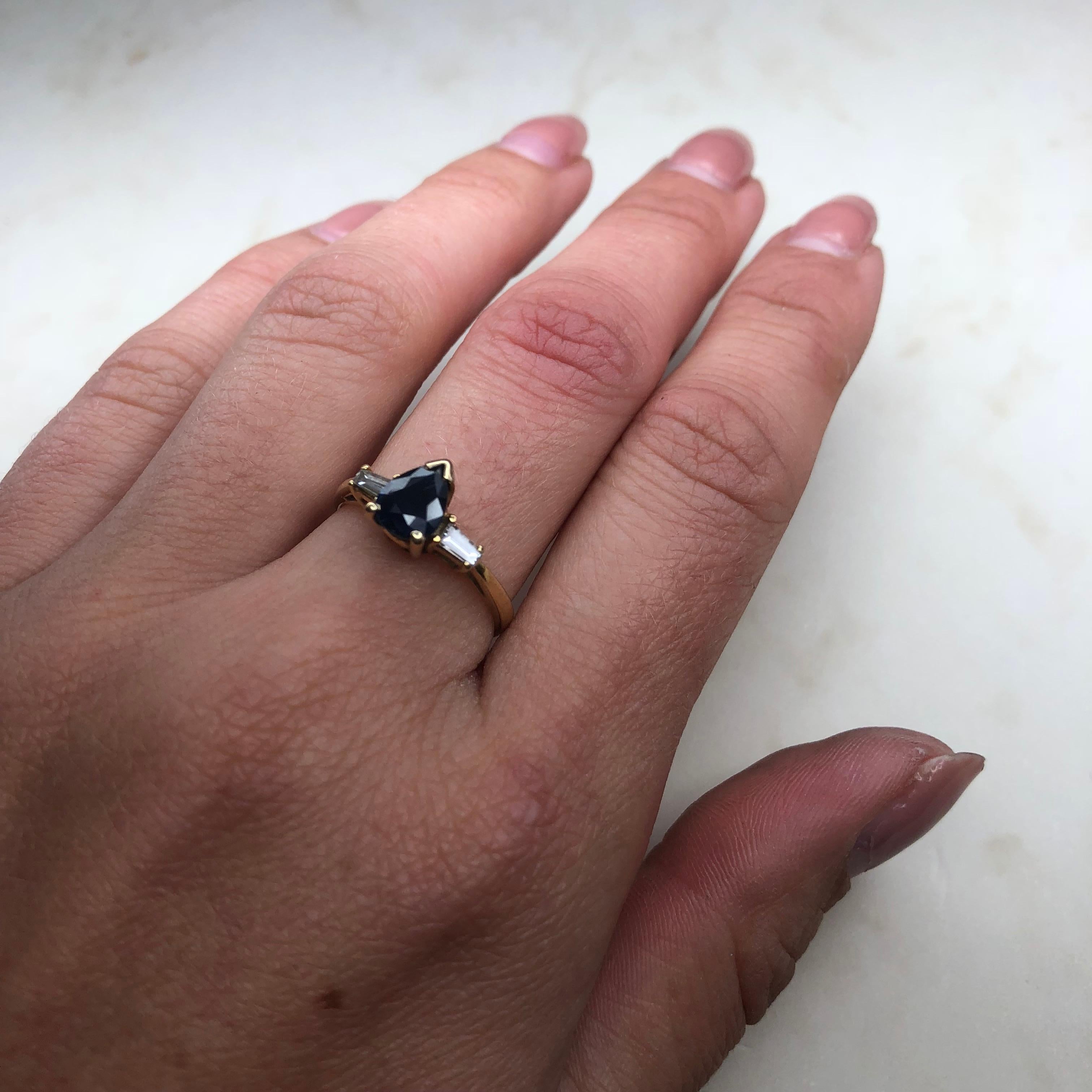 Vintage Pear Cut Sapphire and Baguette Diamond Three-Stone Ring In Good Condition In Chipping Campden, GB