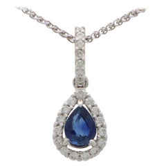 Vintage Pear Cut Sapphire and Diamond Pendant Necklace in 18K White Gold