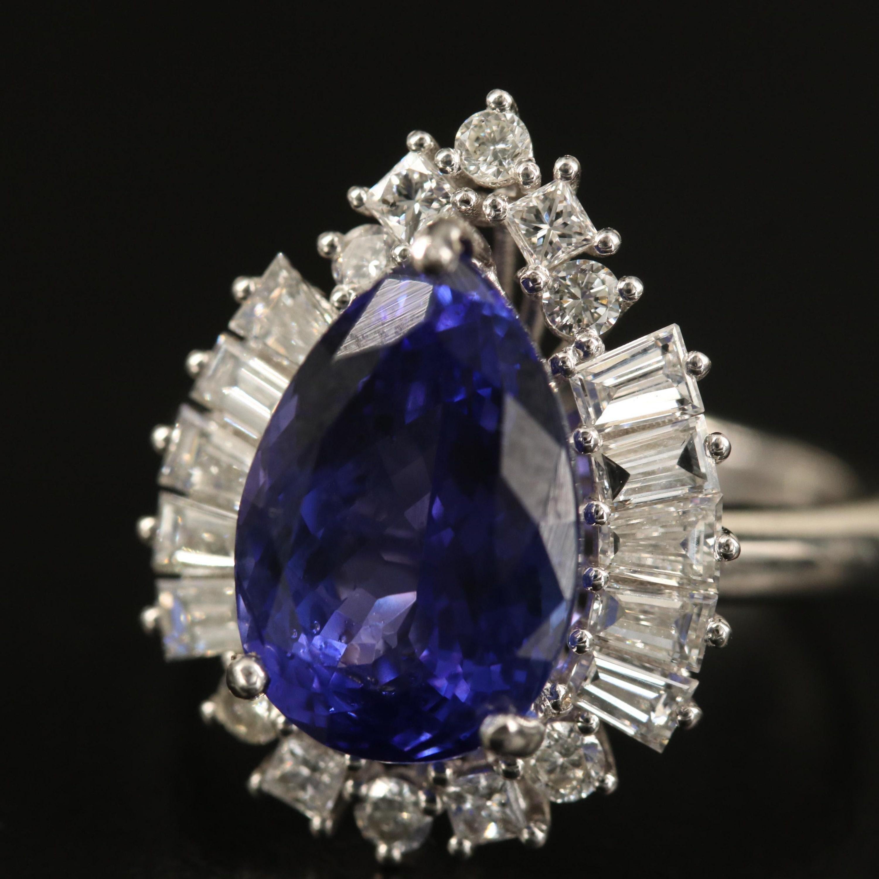 For Sale:  5.9 Carat Pear Cut Tanzanite Engagement Ring Art Deco Halo Diamond Wedding Ring  5