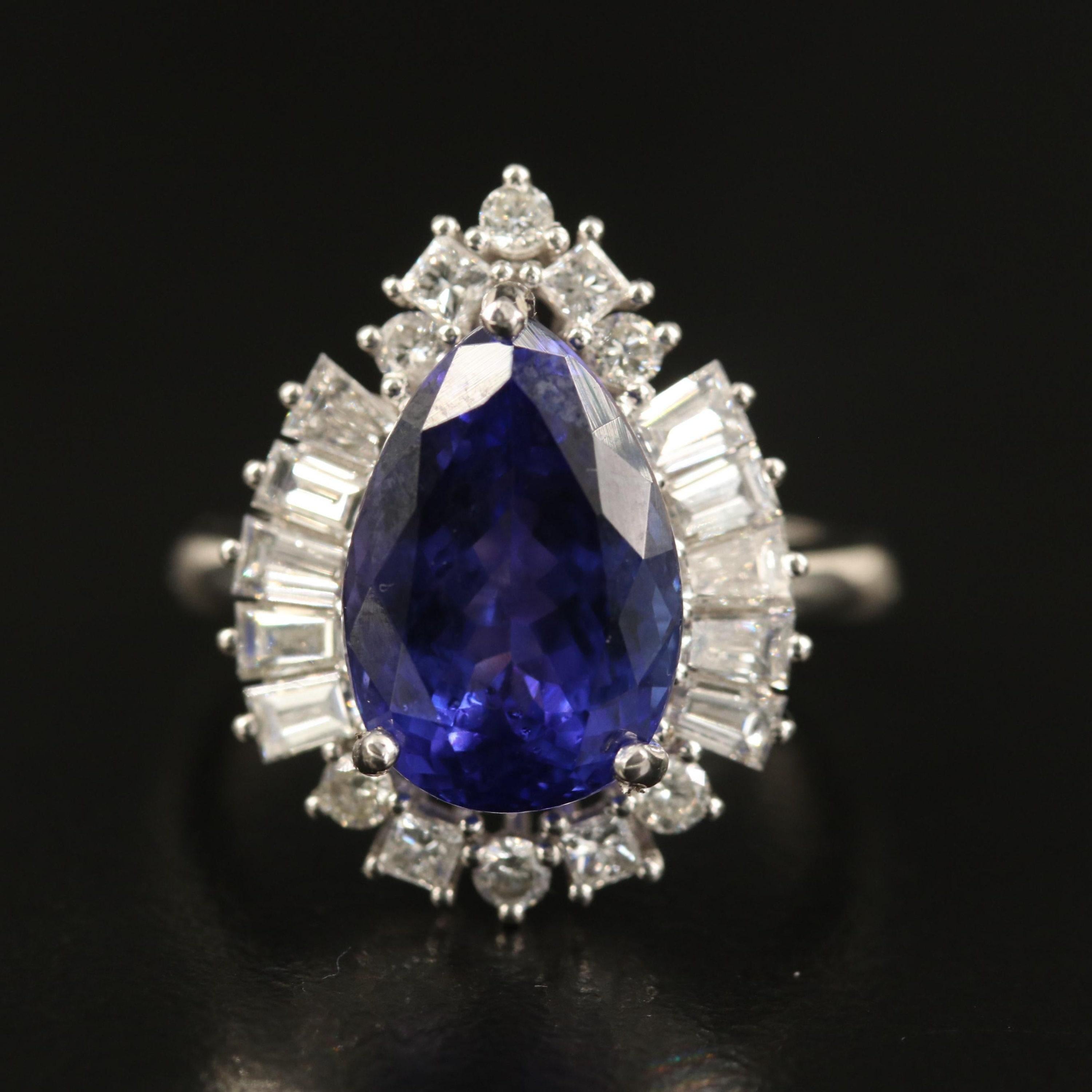 For Sale:  5.9 Carat Pear Cut Tanzanite Engagement Ring Art Deco Halo Diamond Wedding Ring  6