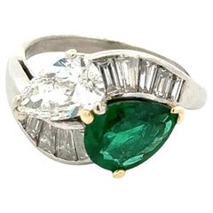 Vintage Pear Diamond, Emerald and Baguette Diamond Platinum Bypass Ring