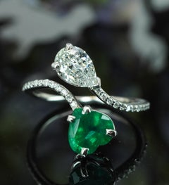 Vintage Pear Diamond Emerald Heart 14K White Gold Toi et Moi Bypass Ring